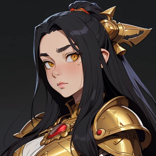 (masterpiece), (best quality),(portrait),(bust up),1girl,solo,(sharp focus),(look at viewer),(hime cut),dwarf girl,dwarf,long hair,black hair,yellow eyes,fat ,ancient luxurious long clothes,armor,(simple background),old school fantasy art,super shiny face,Ultra Glossy Skin