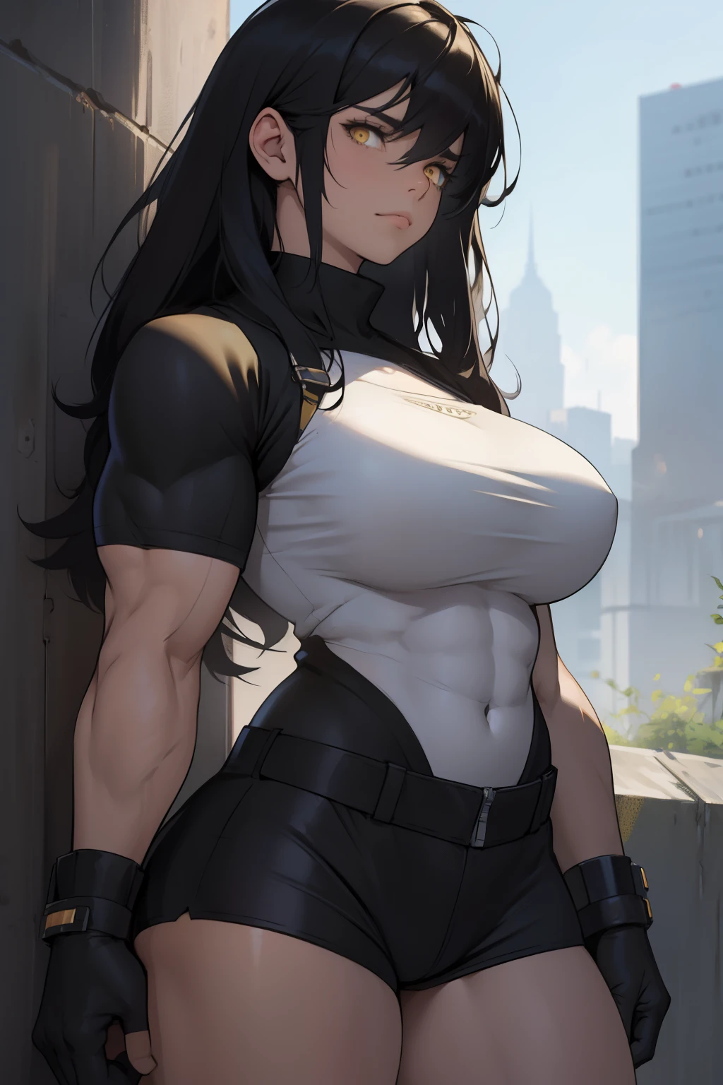 sad girl giant hair giant breasts giant muscles black hair yellow eyes pale skin extremely thick