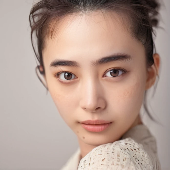 An image of happy yaiba, looking towards the camera. She has large eyes, defined eyebrows, and her brunette hair styled in loose curls pulled back on one side. She wears a long sleeve with a textured fabric, featuring a shoulder cut-out for a modern look. Her makeup is natural, accentuating her eyes. The portrait has soft, studio-quality lighting against a gradient neutral background, focusing on her facial contours and the elegant hairstyle