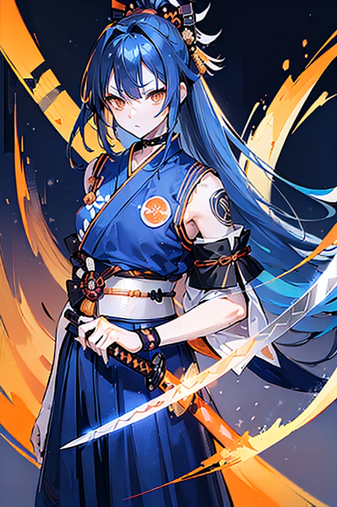 ((((Samurai sword))))　(((Blue Hair　Long hair　Light orange eyes and black samurai uniform　White band　Victory)))　((Black notes　night　Japanese style　Shoulder　old)) 