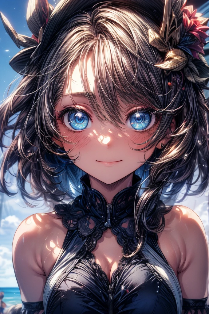 (Tabletop.Highest quality).(Dynamic Angle). (Amazingly detailed CG paintings),(Perfect Image)、Comic Strip.shape.One Girl.Detailed face、Perfect Face.Delicate face、Textured skin、Black Hair.length、(Horse-eared girl)Horse-eared girl、((Beautiful Blue Eyes)).Delicate and beautiful eyes、The eyes are detailed、Reflective Eyes、Watery eye、smile.(Gazing at the audience:1.3).(My face got a little red:0.8)、8k wallpaper、whole body、reflected light、The finest details、Complex、Delicate background、Textured skin、Detailed skin、Swimwear, ((カラフルなSwimwear))