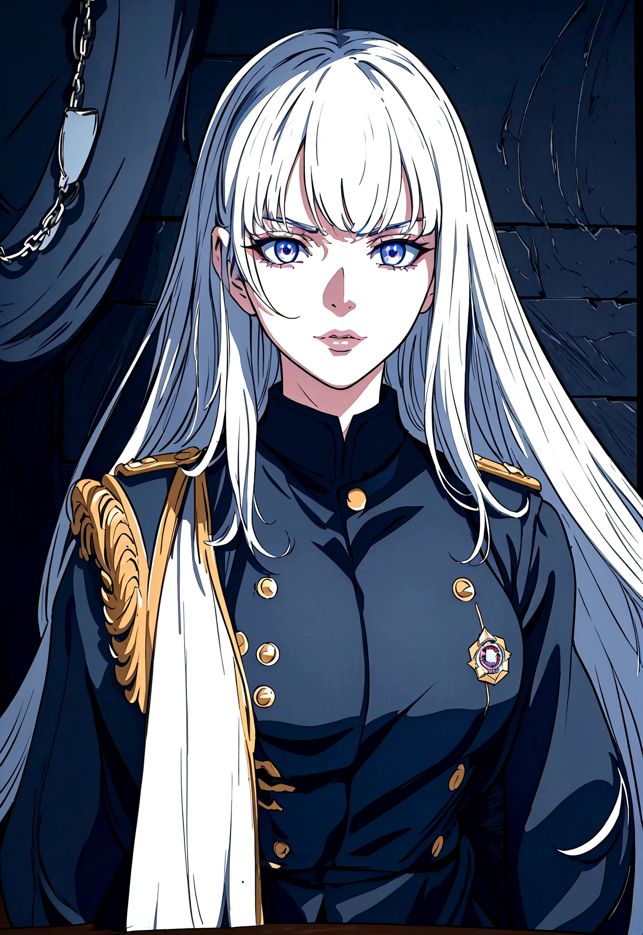 (best quality,4k,8k,highres,masterpiece:1.2),1girl,anime,military uniform,dark blue uniform,long white hair,white eyes,evil look,detailed face,detailed eyes,detailed lips,longeyelashes,digital art,cinematic lighting,dark moody atmosphere,dramatic shadows on three sides