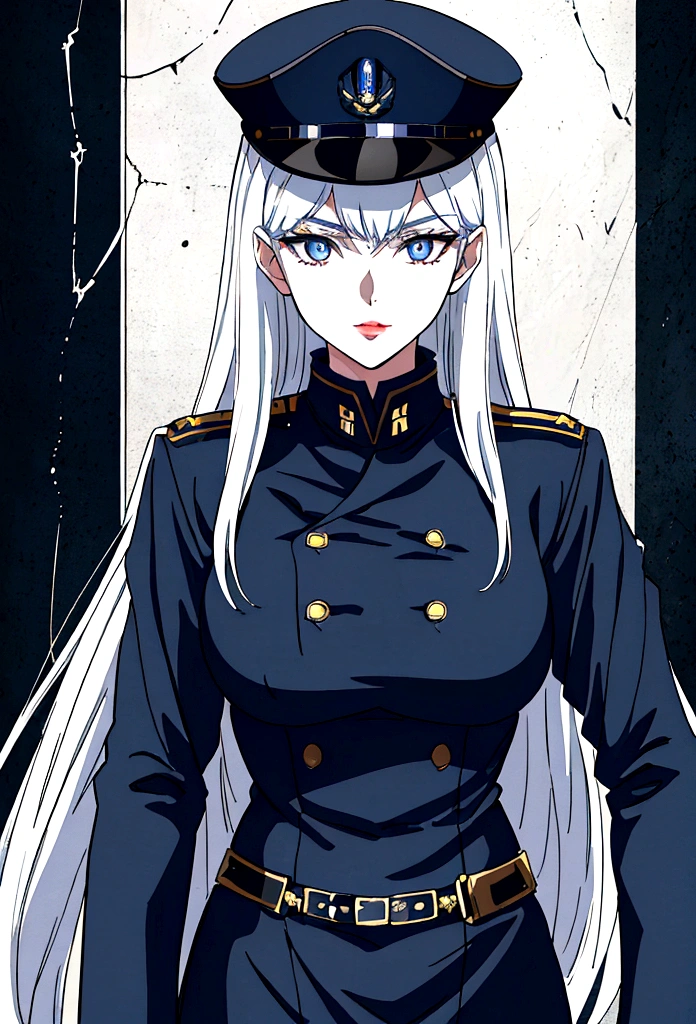 (best quality,4k,8k,highres,masterpiece:1.2),1girl,anime,military uniform,dark blue uniform,long white hair,white eyes,evil look,detailed face,detailed eyes,detailed lips,longeyelashes,digital art,cinematic lighting,dark moody atmosphere,dramatic shadows on three sides