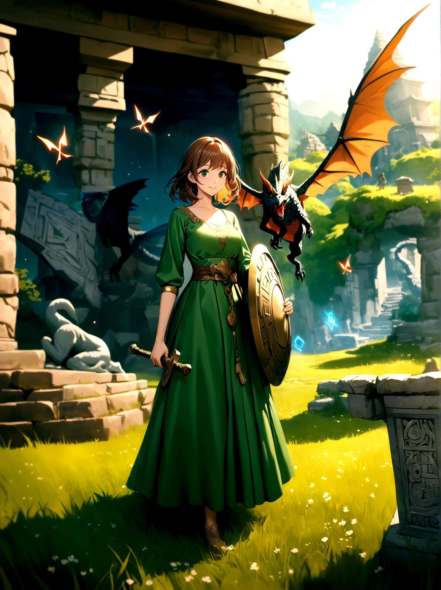 Adventurer princess, (green dress:1.2), short brown hair, big eyes, smiling, holding sword and shield, ancient temple, mysterious maze, mysterious runes, old stone tablet, green grass, (flowers:1.1), magical elements, flying dragon, mysterious creatures, charming scenery, dynamic battle, dreamy atmosphere, outdoor, rich colors, epic scene, fine and delicate light and shadow, evening, sunny, full body, from above, nice hands, perfect hands, 8k, Best quality, photorealistic