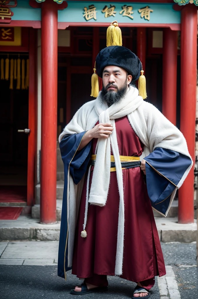 Wearing Taoist robes, A Chinese bearded man wearing a Hunyuan scarf on his head, Standing at the entrance of the gym, Taoist priest, Taoism, Taoist temple historical image, Otherworldly, kindly, sacred