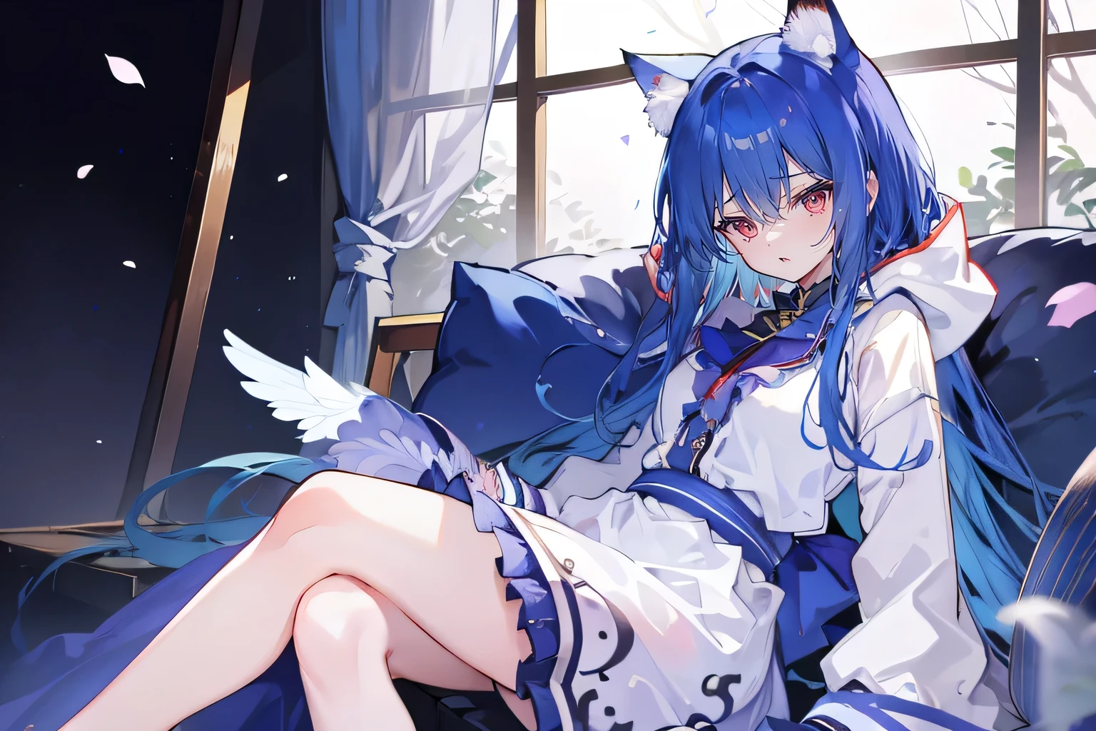 (masterpiece:1.2),Super detailed,lifelike,Expressive eyes,fair skin,perfect face shape,1 girl,
Japanese comics,Gorgeous blue hair,flowing blue hair,flowing clothes,Cat ears,Petals fall,beautiful lola,Baby Angel,
Shaking head with one hand,Cross your legs,Gentle and peaceful background,The pavilion is cool and comfortable,smile, wearing hoodie, In front of the window,snowing
