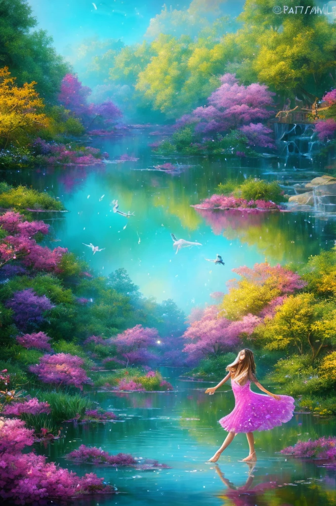 A beautiful girl is dancing , looking into the camera, photorealistic painting, sharp focus, 8k, perfect composition, trending on art station, award-winning photograph, unreal engine 5, cinematic smooth, intricate detail, highly detailed, from below, splash, fractal art, god ray, crystallineAI, rainbow,  in the park,naked