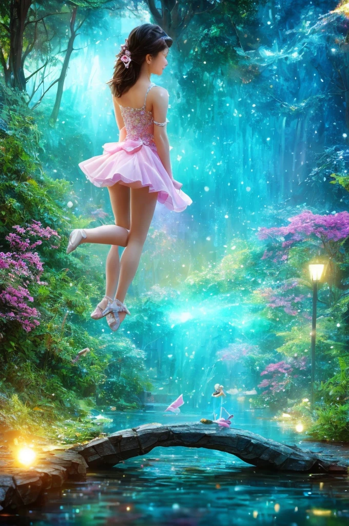 A beautiful girl is dancing , looking into the camera, photorealistic painting, sharp focus, 8k, perfect composition, trending on art station, award-winning photograph, unreal engine 5, cinematic smooth, intricate detail, highly detailed, from below, splash, fractal art, god ray, crystallineAI, rainbow,  in the park,naked