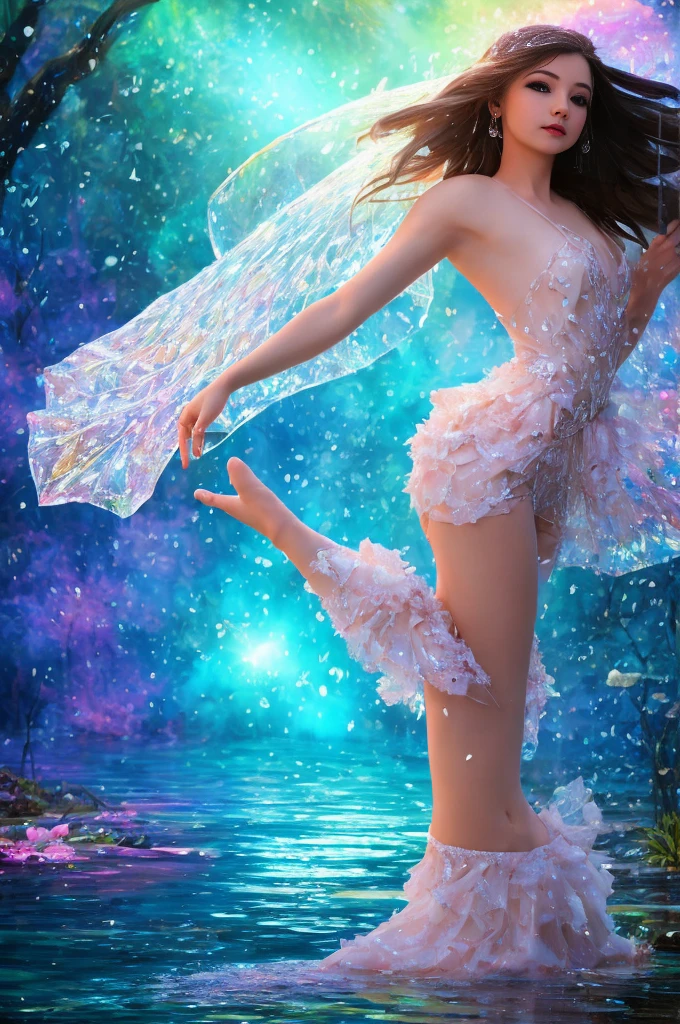 A beautiful girl is dancing , looking into the camera, photorealistic painting, sharp focus, 8k, perfect composition, trending on art station, award-winning photograph, unreal engine 5, cinematic smooth, intricate detail, highly detailed, from below, splash, fractal art, god ray, crystallineAI, rainbow,  in the park,naked