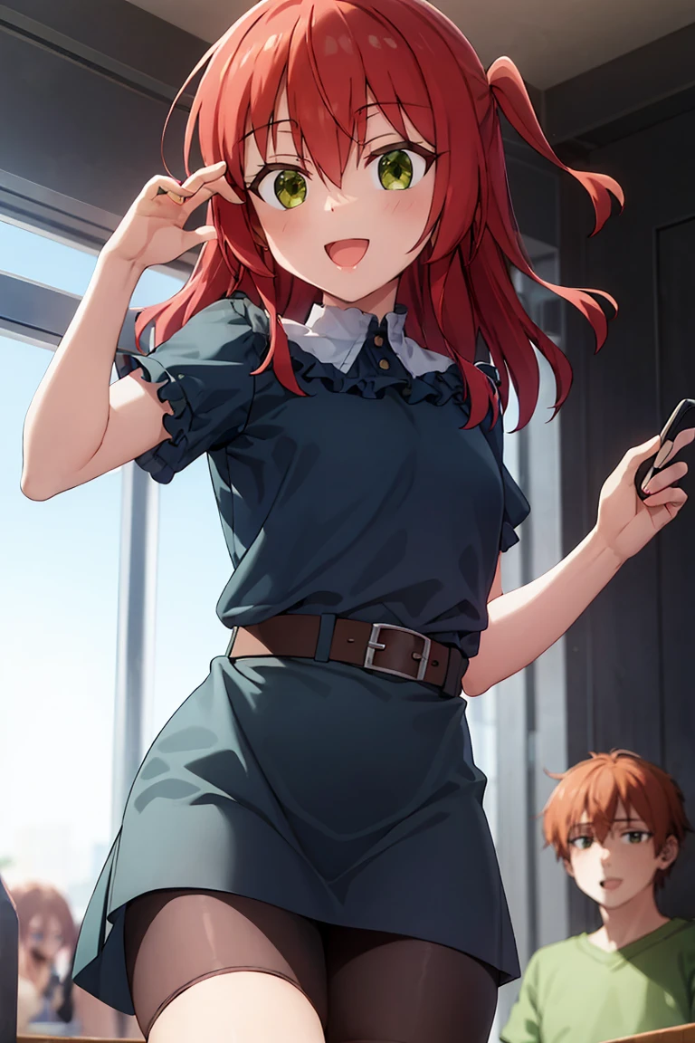 room, 1 Girl, Highest quality, Ultra-high resolution, Long Hair, Redhead, Green Eyes, Pouch dress, Yellow Dress, Short sleeve, Bike Shorts, Looking at the audience, Small breasts, Are standing, throw, slim body, body, , smile, Open your mouth,