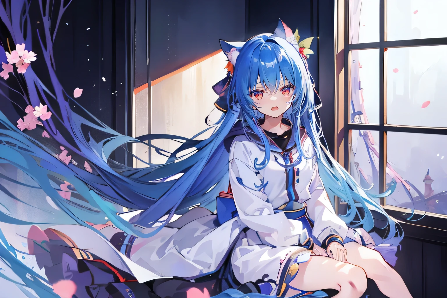 (masterpiece:1.2),Super detailed,lifelike,Expressive eyes,fair skin,perfect face shape,1 girl,
Japanese comics,Gorgeous blue hair,flowing blue hair,flowing clothes,Cat ears,Petals fall,beautiful lola,Baby Angel,
Shaking head with one hand,Cross your legs,Gentle and peaceful background,The pavilion is cool and comfortable,smile, wearing hoodie, In front of the window,snowing