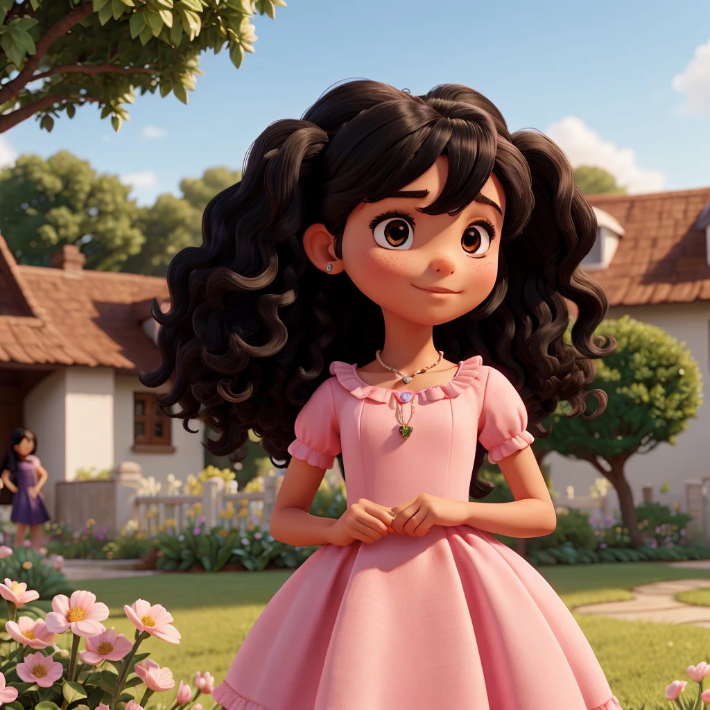 with only one head, blackquality hair, glad, with a pink dress in a garden with her white vato with brown ears,