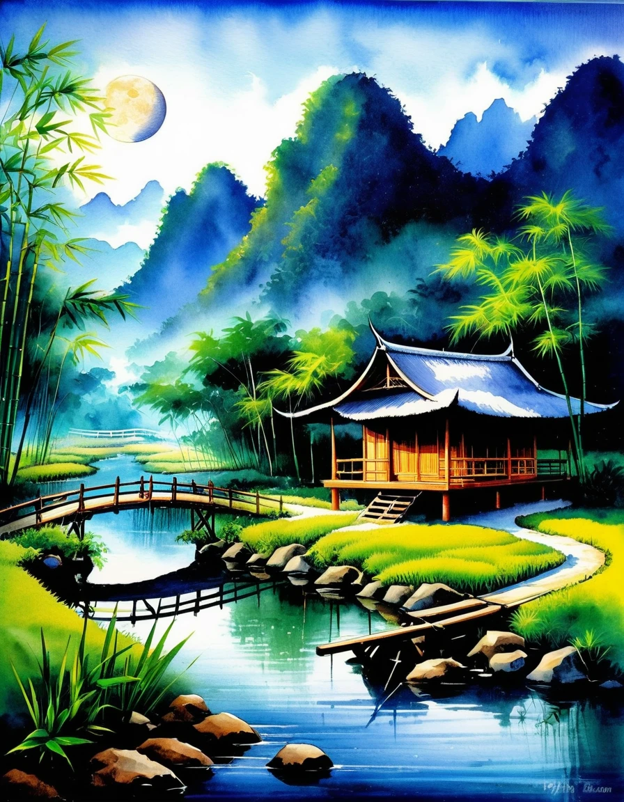 Bamboo hut house in Thailand, 1921, with mountains in the background There is a stream running through it. The shadow of the half-moon reflected in the water. There is a bridge across the stream. The atmosphere is natural at night. half moon Acrylic watercolor painting on canvas, HDR lighting.