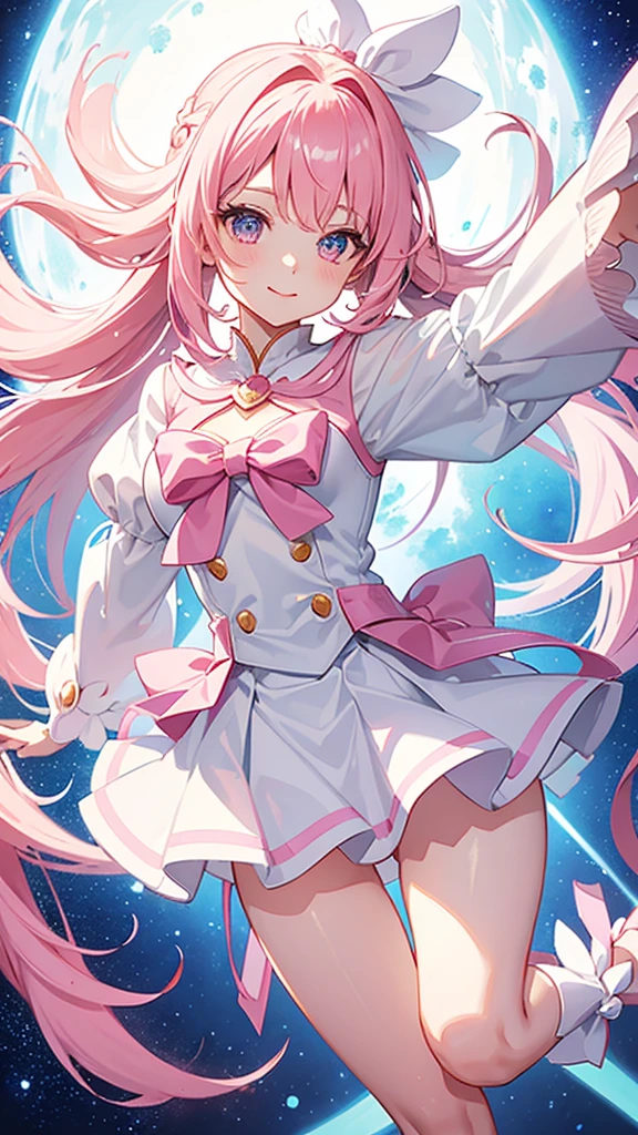 Magical girl White costume Short mini skirt Pink long hair No sleeve Ribbon in hair smile Great style Directly facing universe