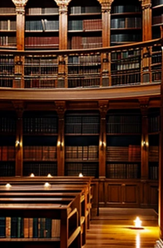 Very large room,High ceilings,Wall-to-wall bookshelves,Books scattered all over the place,dim,Candlelight,Old Library