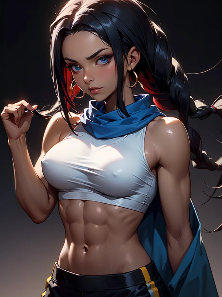 ((Portrait Photo, Dark Skin)), She has an Athletic and Slender Appearance, with a Muscular Build, Black Skin and Relaxed Aura. She Expresses a Serene and Indifferent Look, Giving Off a Composed and Unfazed Attitude. She has Light Blue Eyes, and Her Hair is Long and Black, with Dreadlocks Falling Over Her Forehead. She Wears a Tight Crop Top, Revealing Her Midriff, with a Dark Blue Scarf. ((Portrait Photo, HDR, Dark Background))