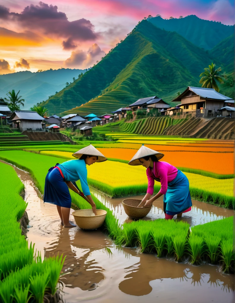 Realistic photo, 8k, masterpieces, rice paddy, beautiful scenery, colorful terraced rice fields, Two young women from the village are harvesting rice from the field, perching in the muddy water, mountains in background, colorful sky, depth of field, wide shot, film grain, 8k,