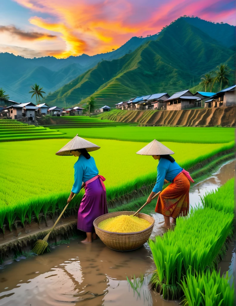 Realistic photo, 8k, masterpieces, rice paddy, beautiful scenery, colorful terraced rice fields, Two young women from the village are harvesting rice from the field, perching in the muddy water, mountains in background, colorful sky, depth of field, wide shot, film grain, 8k,