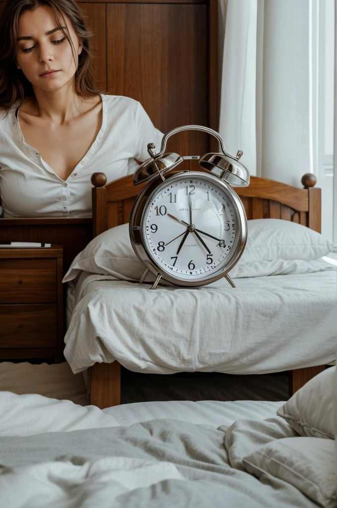 Maria wakes up early, her mind already racing, with worries, . The alarm clock, reads 6:00 AM. hesitates to get out of bed, feeling the familiar weight of dread