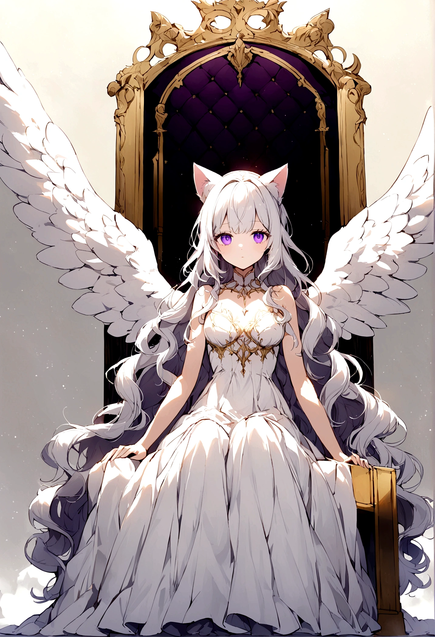 beauty,Long Wavy Hair,White hair is very attractive, Detailed and precise manual work, Attractive girl, White cat ears,Purple eyes and white eyelashes,light in your eyes,Big angel wings,delicate, A fluffy white dress like a cloud, Hand-drawn illustration,Sitting on the throne,Broad background,
