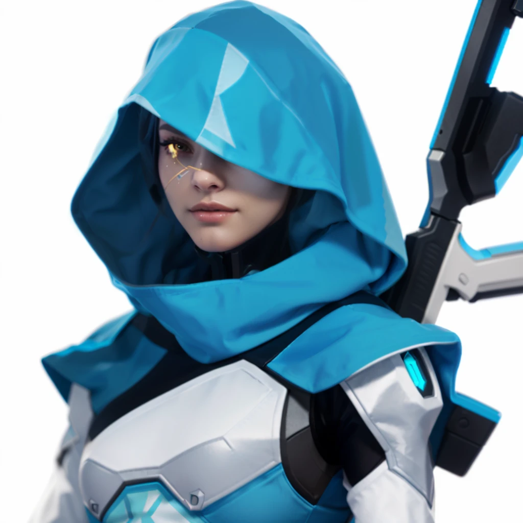 a close up of a person with a gun in a blue hoodie, echo from overwatch, style of duelyst, as an overwatch character, cyborg merchant girl, ashe, from overwatch, valorant character, cyberpunk nun warrior, girl in mecha cyber armor, sage ( valorant ), overwatch style, avatar image, as overwatch character, overwatch character