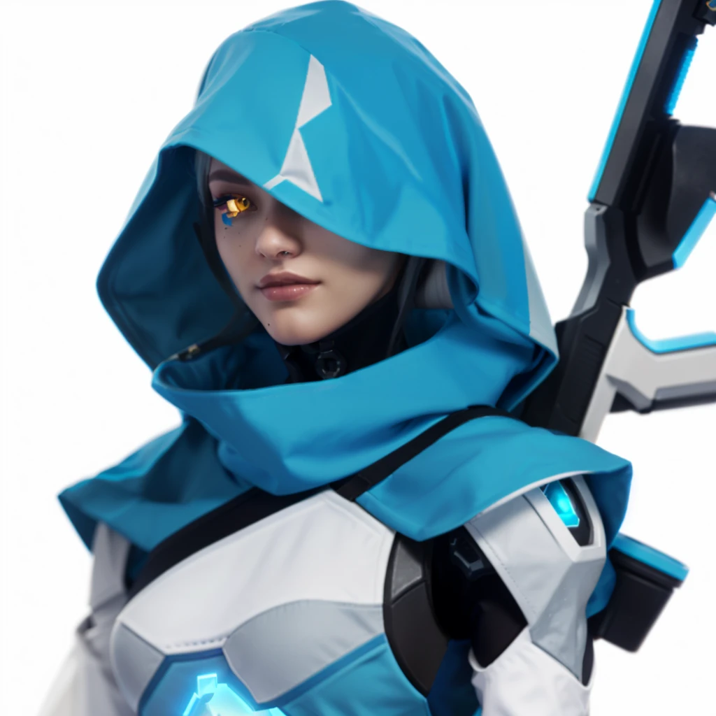 a close up of a person with a gun in a blue hoodie, echo from overwatch, style of duelyst, as an overwatch character, cyborg merchant girl, ashe, from overwatch, valorant character, cyberpunk nun warrior, girl in mecha cyber armor, sage ( valorant ), overwatch style, avatar image, as overwatch character, overwatch character