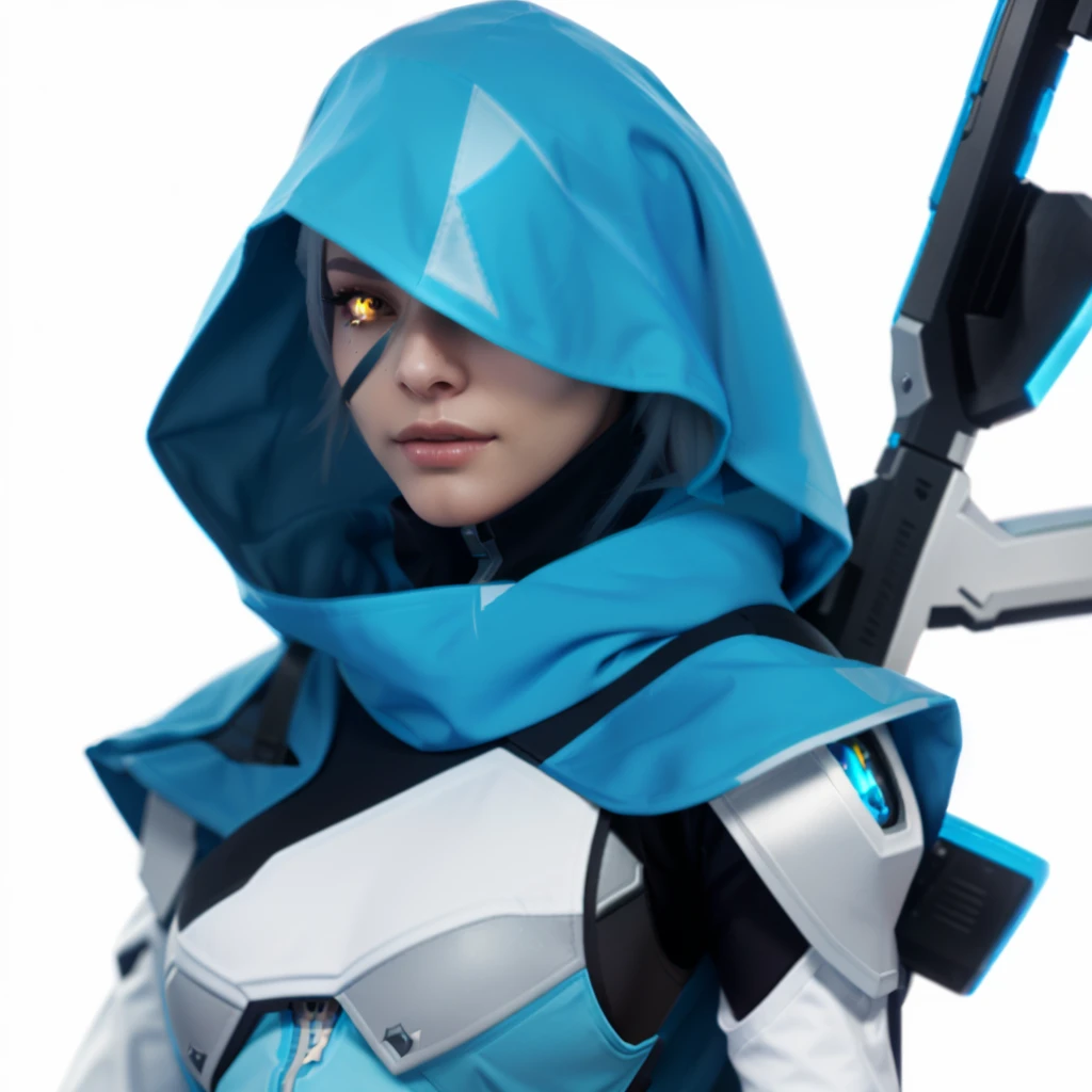 a close up of a person with a gun in a blue hoodie, echo from overwatch, style of duelyst, as an overwatch character, cyborg merchant girl, ashe, from overwatch, valorant character, cyberpunk nun warrior, girl in mecha cyber armor, sage ( valorant ), overwatch style, avatar image, as overwatch character, overwatch character