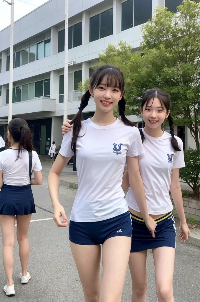 {2 | 3} girls walking in school street,white school t-shirt with blue trim,navy blue speedo swimming briefs,18-year-old,bangs,a little smile,thighs,knees,short hair with low pigtails bunches,from below,front light