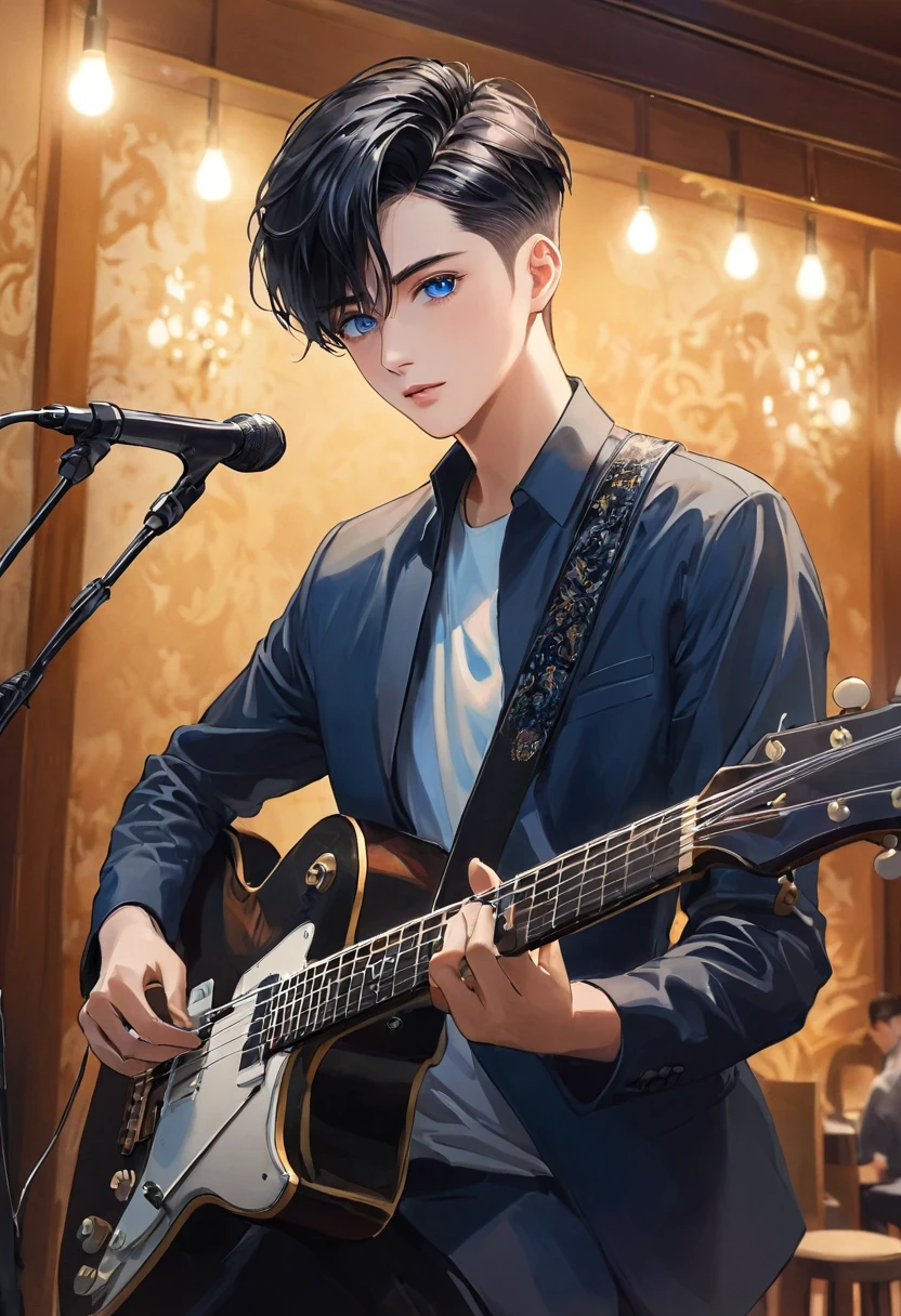handsome man ,Short hair Quiff Hairstyle,black short hair,blue eyes, Delicate and handsome guitarist playing wooden guitar(Clear and perfect facial features)picture,The background is a perfect hotel scene lighting art., beautifully, pictureประกอบที่ซับซ้อน, art concept Masterpiece of art, คุณpictureดีที่สุด, Awesome details, HD