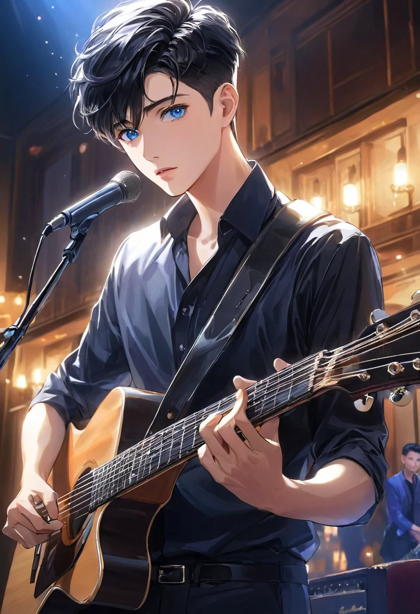 handsome man ,Short hair Quiff Hairstyle,black short hair,blue eyes, Delicate and handsome guitarist playing wooden guitar(Clear and perfect facial features)picture，The background is a perfect hotel scene lighting art., beautifully, pictureประกอบที่ซับซ้อน, art concept Masterpiece of art, คุณpictureดีที่สุด, Awesome details, HD