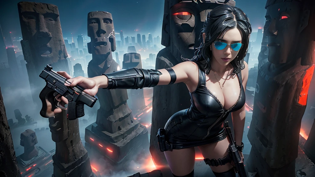 At night, dark sky, aerial view of fantasy cyberpunk style ((Moai-statue)) city, ((flying vehicle)). ((1girl, solo, alone)), photo realistic, medium-breast:1.1 slim body, cleavage, sexy clothes, (black sunglasses), (((hip-up standing and pistol aiming pose))), half-body thigh level medium shot, cinematic lighting.