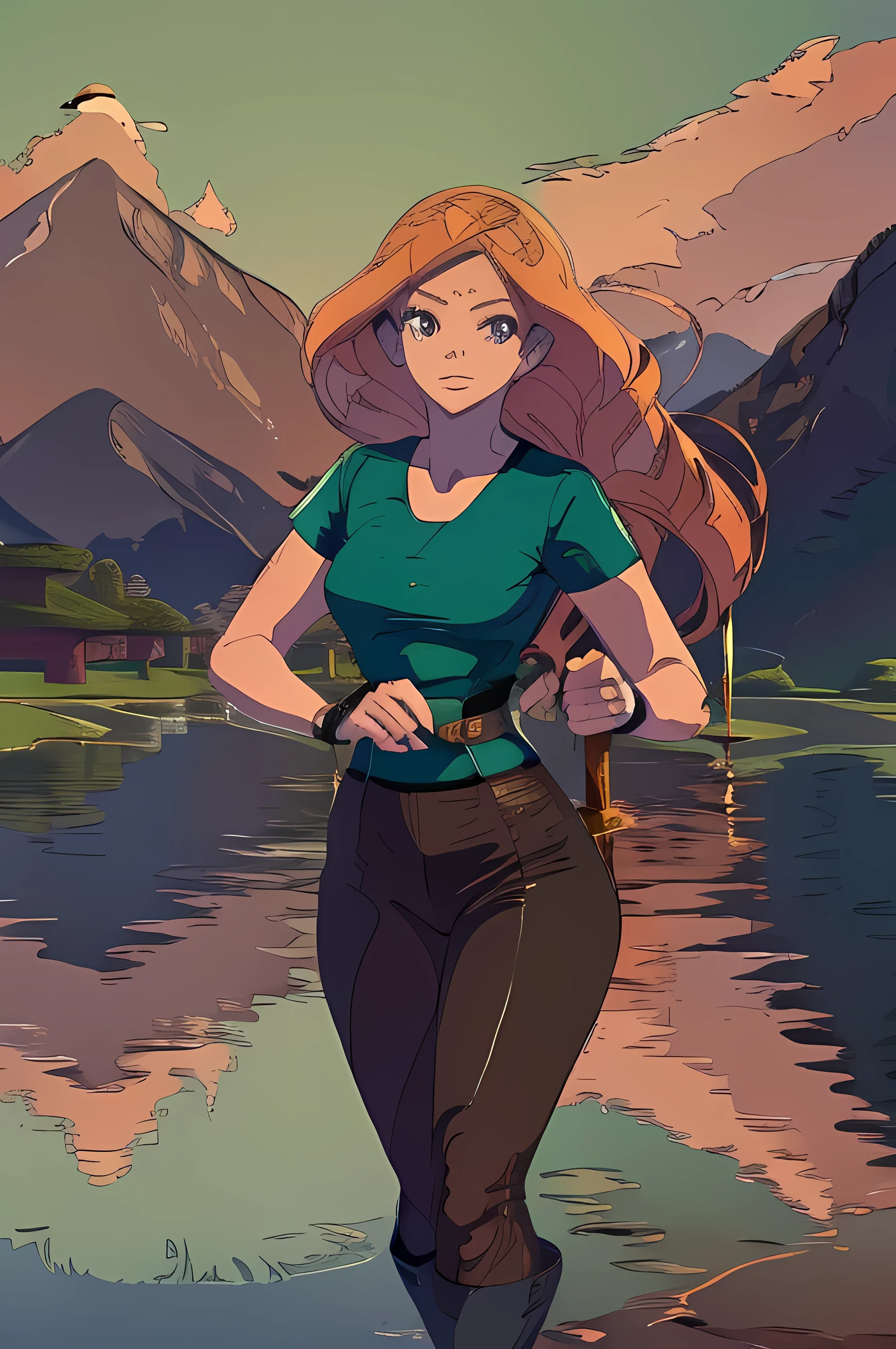 Female character, orange hair, warrior adventurer, carrying a blue diamond sword inspired by MINECRAFT, (detailed face) (finely detailed eyes) (not have deformities) highly detailed with mountains, trees and puddles of water, (finely detailed leaves) (highly detailed shadows and reflections) the landscape portrays a sunrise, the sky with pink and blue tones, with clouds (finely detailed clouds) (realistic texture in the clouds