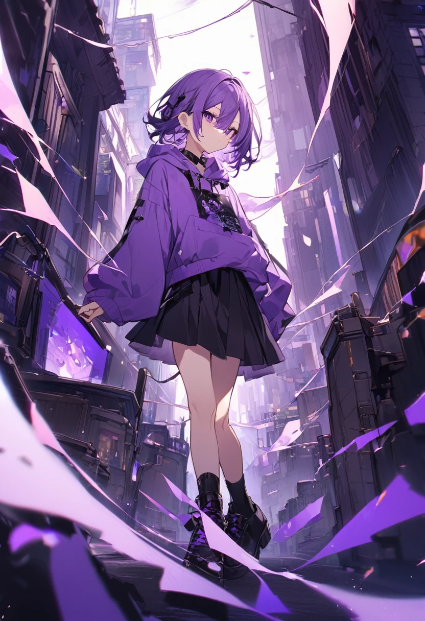 Keito。Purple hoodie。Black Skirt。Purple Eyes。Purple Hair。Black shoes下。Black shoes。
