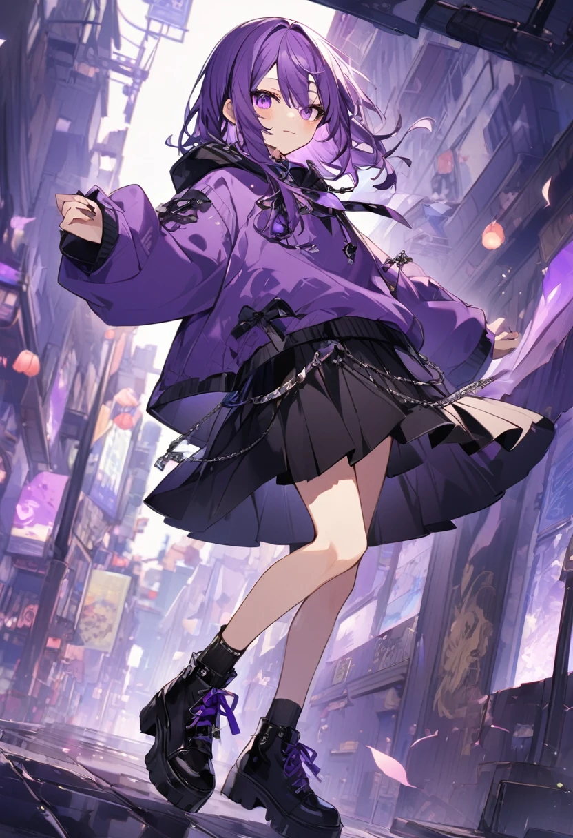 Keito。Purple hoodie。Black Skirt。Purple Eyes。Purple Hair。Black shoes下。Black shoes。
