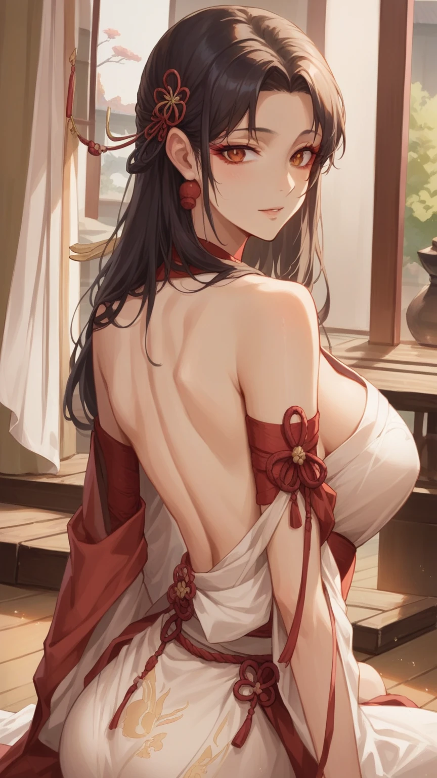 A woman in a red and white dress sits on a wooden floor, Sakimichan, Yoshitomo Nara, sha xi, Japanese Goddess, Sexy :8, Sakimi Chen, author：Yang J, Oriental Fantasy, Ethereal Beauty, underwear, Ghost Festival, Beautiful Chinese model, Traditional Beauty, Wearing Kimono