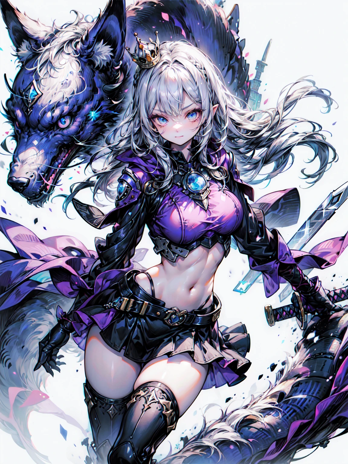 Abdominal musclesurdres ,1 Girl,Severe,Silver Hair,Anxious woman ,Wolf Ear,blue eyes,Abdominal muscles,Muscular,Warrior princess in armor,
metal armor with breastplate,Leather skirt, leggings, Knee-high boots,(Has a big sword :1.4),
Crown,Blake、Highest quality,Very detailed,Ultra-realistic, Perfect Anatomy,Five perfect fingers,Vibrant colors,wonderful,Ultra-fine illustrations、Blake、（Dark Elf), (1 Girl), alone, Perfect Face, Get used to it, Ahoge, ((Long Hair:1.2)),[[Messy Hair]], Shiny blonde white hair, Purple eyes, Variegated eyes, Colorful Hair, Shining Eyes, (eyelash, eye shadow, pink eye shadow), bright, smile, Design Art：Haruhiko Mikimoto, by Kawashi, By Yoshitaka Amano