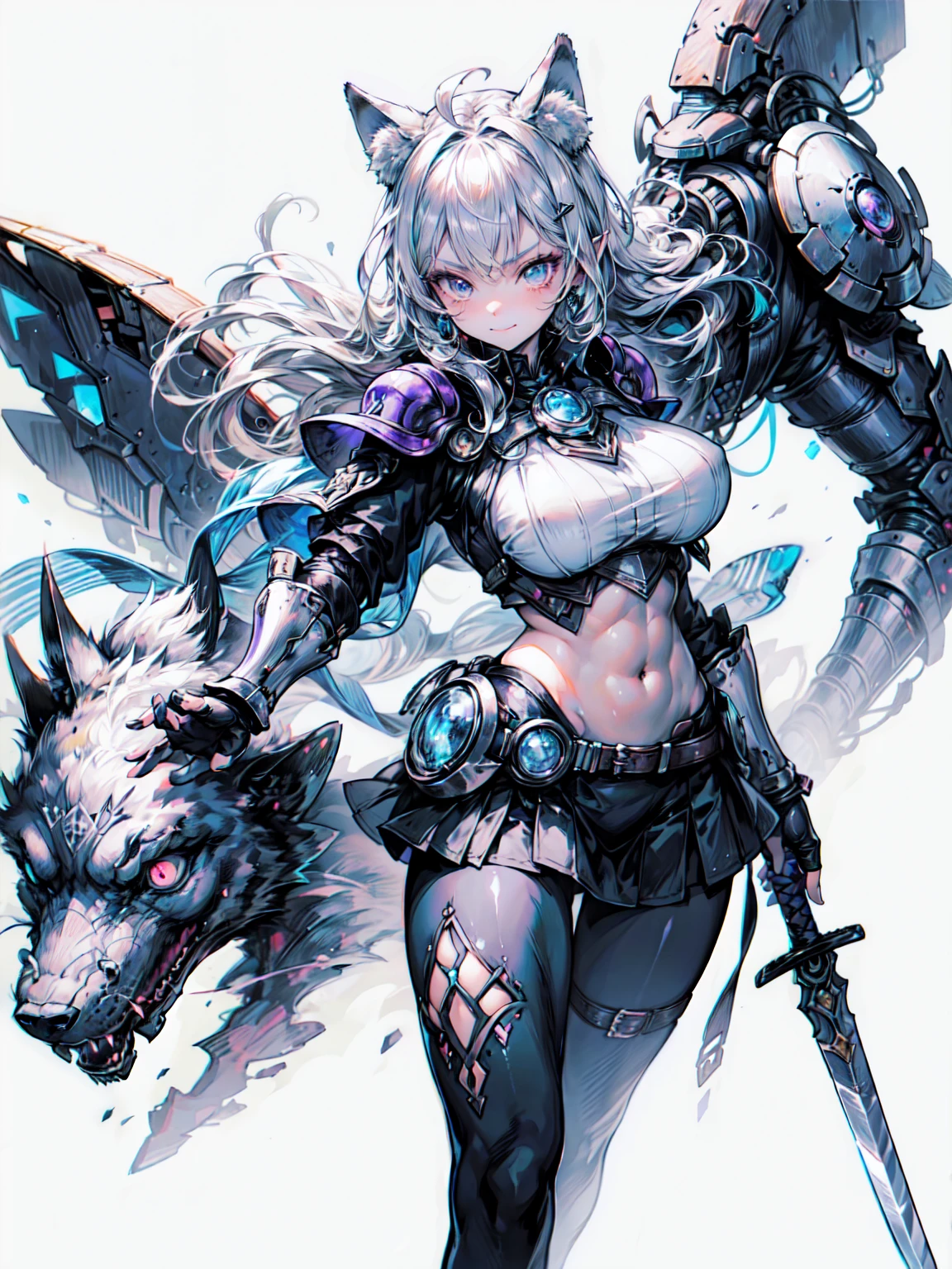 Abdominal musclesurdres ,1 Girl,Severe,Silver Hair,Anxious woman ,Wolf Ear,blue eyes,Abdominal muscles,Muscular,Warrior princess in armor,
metal armor with breastplate,Leather skirt, leggings, Knee-high boots,(Has a big sword :1.4),
Crown,Blake、Highest quality,Very detailed,Ultra-realistic, Perfect Anatomy,Five perfect fingers,Vibrant colors,wonderful,Ultra-fine illustrations、Blake、（Dark Elf), (1 Girl), alone, Perfect Face, Get used to it, Ahoge, ((Long Hair:1.2)),[[Messy Hair]], Shiny blonde white hair, Purple eyes, Variegated eyes, Colorful Hair, Shining Eyes, (eyelash, eye shadow, pink eye shadow), bright, smile, Design Art：Haruhiko Mikimoto, by Kawashi, By Yoshitaka Amano