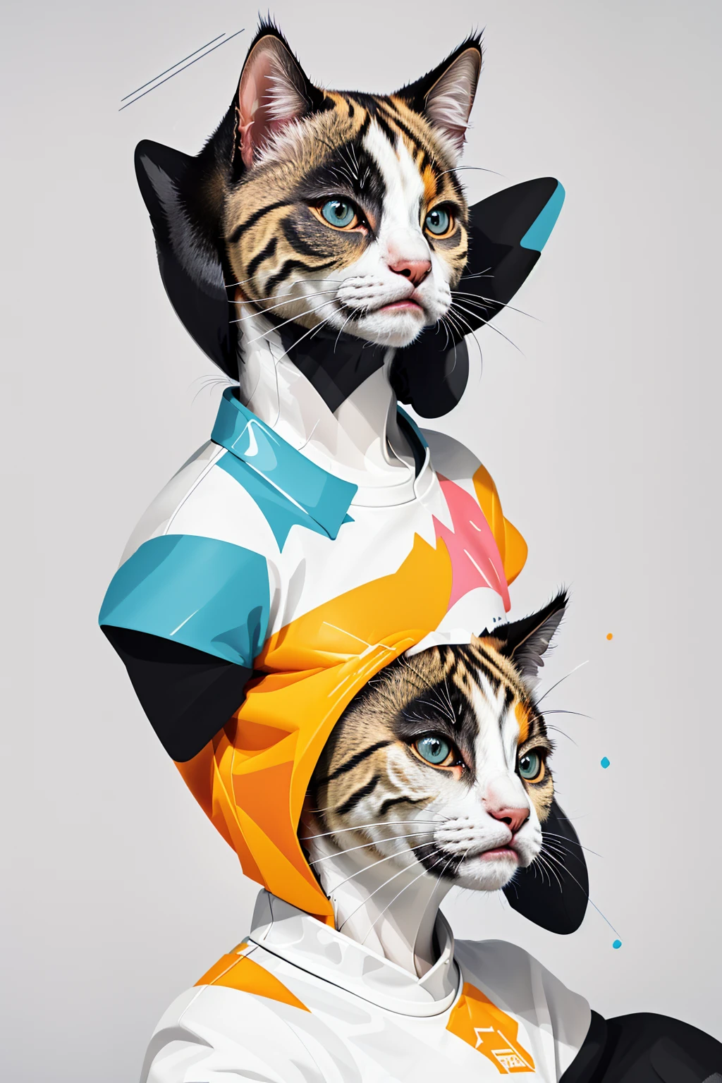 A t-shirt with graphic design art, flat illustration of a cute siamese cat, colorful tones, highly detailed cleanliness, imagem vectorial, photorealistic masterpiece, professional photograpy, plain white background, isometric, Vibrant, vector