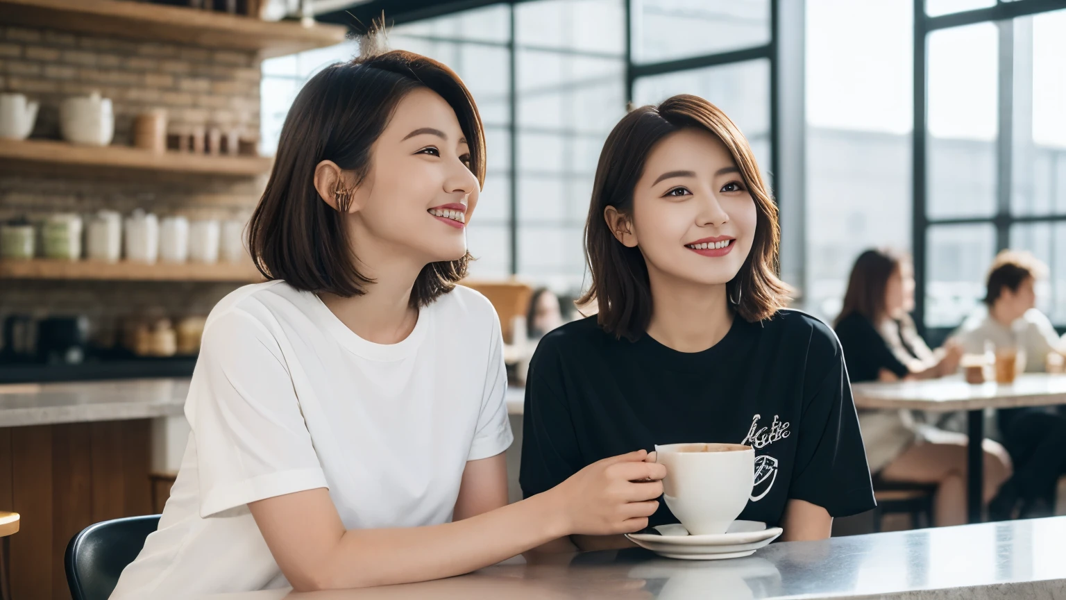 super high quality, Short Hair, Slender, Gravure photoshoot, The staff is working at the counter in the back., (8K、RAW Photos、Highest quality、masterpiece:1.2), Japanese Idol, Stylish café, The cafe is crowded with people enjoying themselves., (Realistic、Photorealistic:1.37), Bob Hair, Mesh Hair, Urban Cafe, Golden Ratio, Raw photo, Cute face , Light Brown Hair, Small breasts, Bright cafe interior, Spring Clothes, Cafe Terrace, Open Cafe, A kind smile, Hair blowing in the wind, Neat clothes, boyish, T-Shirts, 18-year-old, younger sister, Stylish clothes,