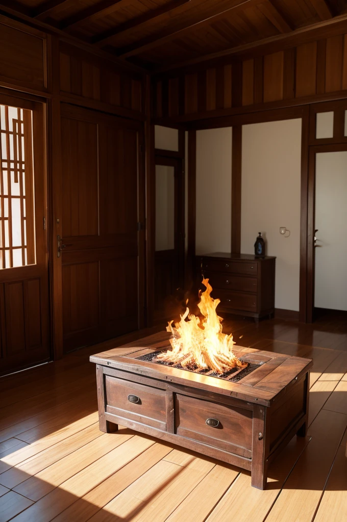 An open wooden box on fire on a table in a room of a house in Pernambuco 