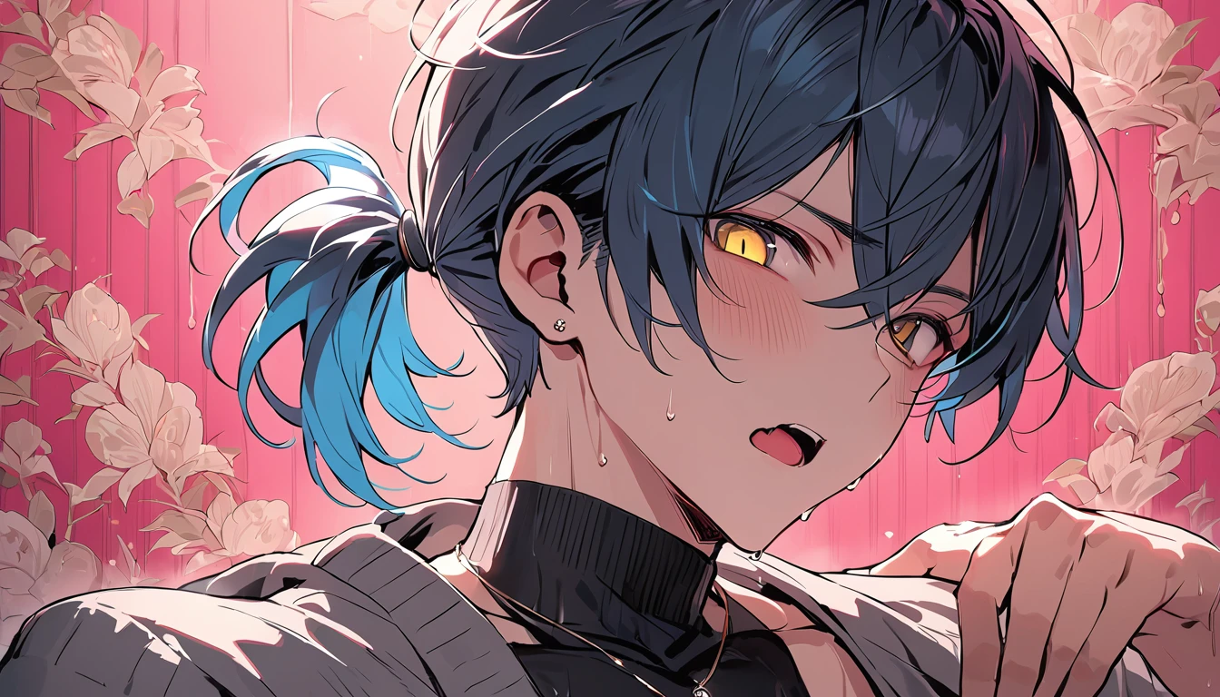((((best masterpiece, best quality, wallpaper,)))) solo, guy, male body, small muscles, flat chest, 1male, 30 years old, handsome man, dramatic angle, upper body, looking at viewers, beautiful detailed, mediumturquoise hair, ((((Lower short ponytail)))), asymmetrical bangs, ((short hair,)) blush stickers, sweat, (((perfect face, extremely detailed eyes,))) ((( jitome, gold eyes, ^o^, tareme, droopy eyes,))) perfect hands, sharp nose, clear face, black turtleneck, grey cardigan, ((silver piercing, pendant,)) leggings, pink background color ultrasharp, 8K, masterpiece,
