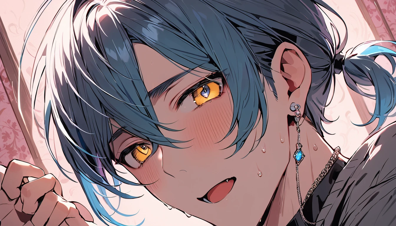 ((((best masterpiece, best quality, wallpaper,)))) solo, guy, male body, small muscles, flat chest, 1male, 30 years old, handsome man, dramatic angle, upper body, looking at viewers, beautiful detailed, mediumturquoise hair, ((((Lower short ponytail)))), asymmetrical bangs, ((short hair,)) blush stickers, sweat, (((perfect face, extremely detailed eyes,))) ((( jitome, gold eyes, ^o^, tareme, droopy eyes,))) perfect hands, sharp nose, clear face, black turtleneck, grey cardigan, ((silver piercing, pendant,)) leggings, pink background color ultrasharp, 8K, masterpiece,