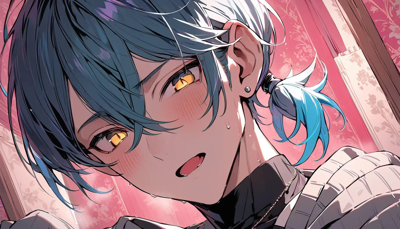 ((((best masterpiece, best quality, wallpaper,)))) solo, guy, male body, small muscles, flat chest, 1male, 30 years old, handsome man, dramatic angle, upper body, looking at viewers, beautiful detailed, mediumturquoise hair, ((((Lower short ponytail)))), asymmetrical bangs, ((short hair,)) blush stickers, sweat, (((perfect face, extremely detailed eyes,))) ((( jitome, gold eyes, ^o^, tareme, droopy eyes,))) perfect hands, sharp nose, clear face, black turtleneck, grey cardigan, ((silver piercing, pendant,)) leggings, pink background color ultrasharp, 8K, masterpiece,