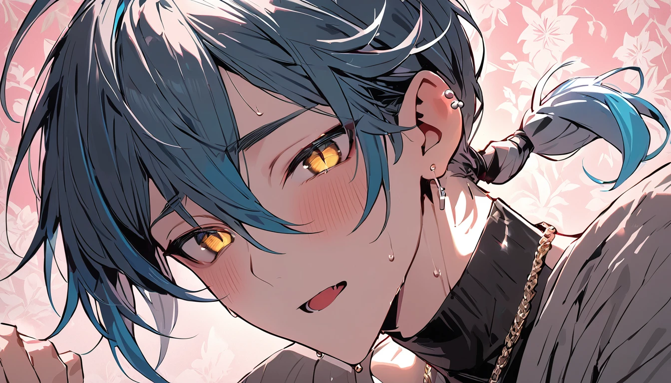 ((((best masterpiece, best quality, wallpaper,)))) solo, guy, male body, small muscles, flat chest, 1male, 30 years old, handsome man, dramatic angle, upper body, looking at viewers, beautiful detailed, mediumturquoise hair, ((((Lower short ponytail)))), asymmetrical bangs, ((short hair,)) blush stickers, sweat, (((perfect face, extremely detailed eyes,))) ((( jitome, gold eyes, ^o^, tareme, droopy eyes,))) perfect hands, sharp nose, clear face, black turtleneck, grey cardigan, ((silver piercing, pendant,)) leggings, pink background color ultrasharp, 8K, masterpiece,