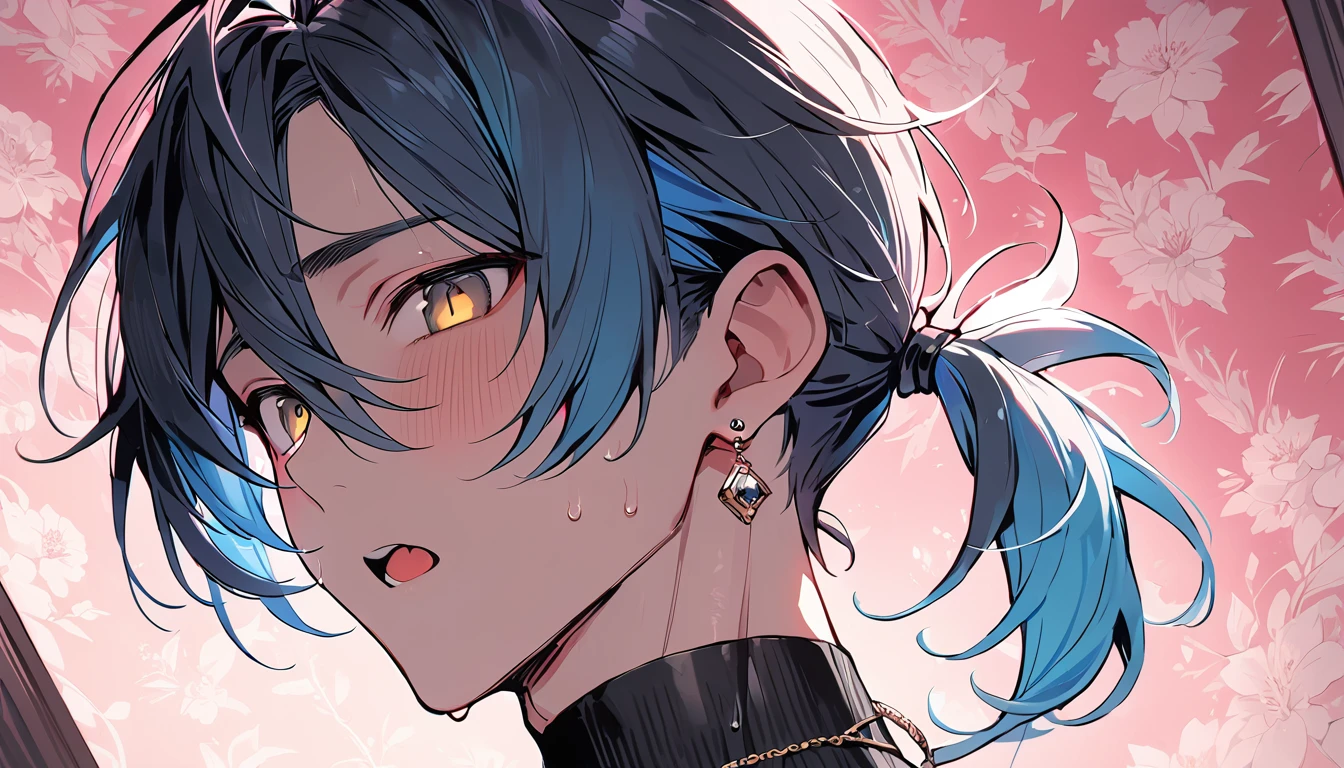 ((((best masterpiece, best quality, wallpaper,)))) solo, guy, male body, small muscles, flat chest, 1male, 30 years old, handsome man, dramatic angle, upper body, looking at viewers, beautiful detailed, mediumturquoise hair, ((((Lower short ponytail)))), asymmetrical bangs, ((short hair,)) blush stickers, sweat, (((perfect face, extremely detailed eyes,))) ((( jitome, gold eyes, ^o^, tareme, droopy eyes,))) perfect hands, sharp nose, clear face, black turtleneck, grey cardigan, ((silver piercing, pendant,)) leggings, pink background color ultrasharp, 8K, masterpiece,