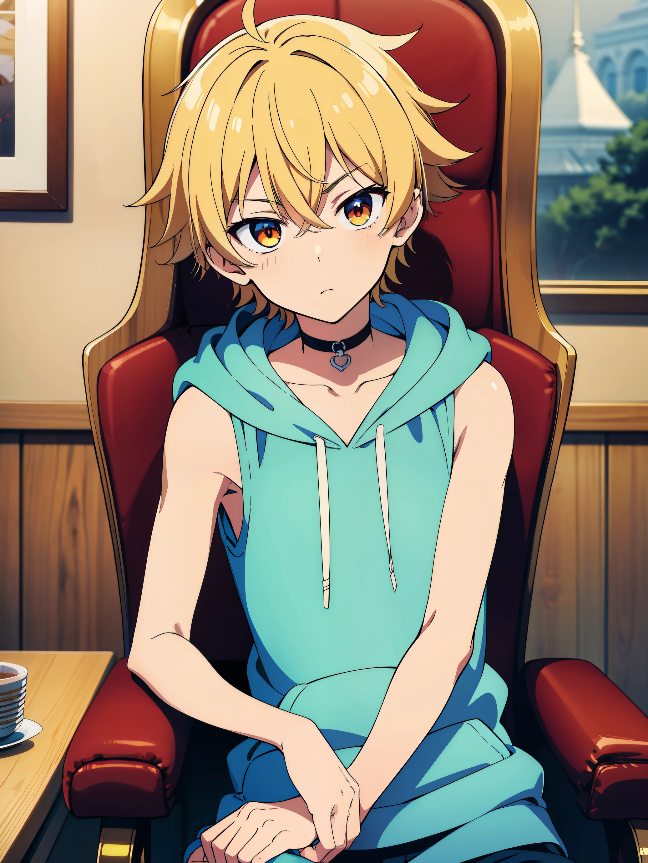 Highres, Masterpiece, Best quality at best,Best Quality,hight quality, hight detailed, Anime style, 1boy, boy, Shota, (little boys), blonde, fluffy hair, Sleeveless hoodie, Sit on the chair, Seen from the front, Slim body, choker, Coolarbone, upper body, Blurry beckground, (very thin body), (very young boy), (very small and short body), uhd