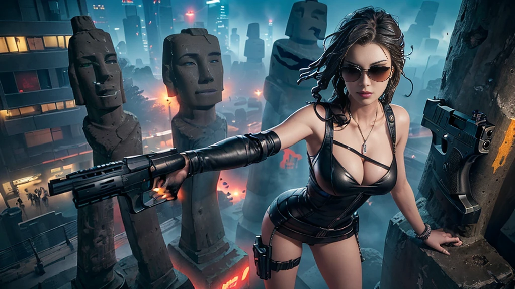 At night, dark sky, aerial view of fantasy cyberpunk style ((Moai-statue)) city, ((flying vehicle)). ((1girl, solo, alone)), photo realistic, medium-breast:1.1 slim body, cleavage, sexy clothes, (black sunglasses), (((hip-up standing and pistol aiming pose))), half-body thigh level medium shot, cinematic lighting.