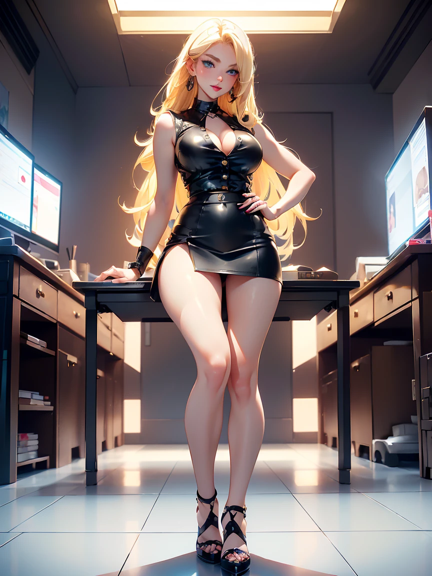 (((Blonde stunning hair))), (blue eyes), blue necklace, Golden earrings, Fit, Gorgeous Body, gorgeous, brown eyebrows, (two moles over lip), big pupils, (23 years old), 1girl,solo, complex skin, warm light, (large breasts), wide thighs, round butt, 5 fingers, ((blushing)), ((detailed face, best quality)), ((masterpiece)), ((ultra-detailed)), (beautiful detailed eyes), red lip, eyeshadow, beautiful face, long hair, very detailed eyes, intricate details in eyes, perfect lips, good lighting, ((black leather skirt and white sleeveless shirt, buttons open)), in Japanese anime office room, workplace background, evil smile, cleavage, from below, ((full body:1.5)), sitting next to computer, legs crossed, armpits showing