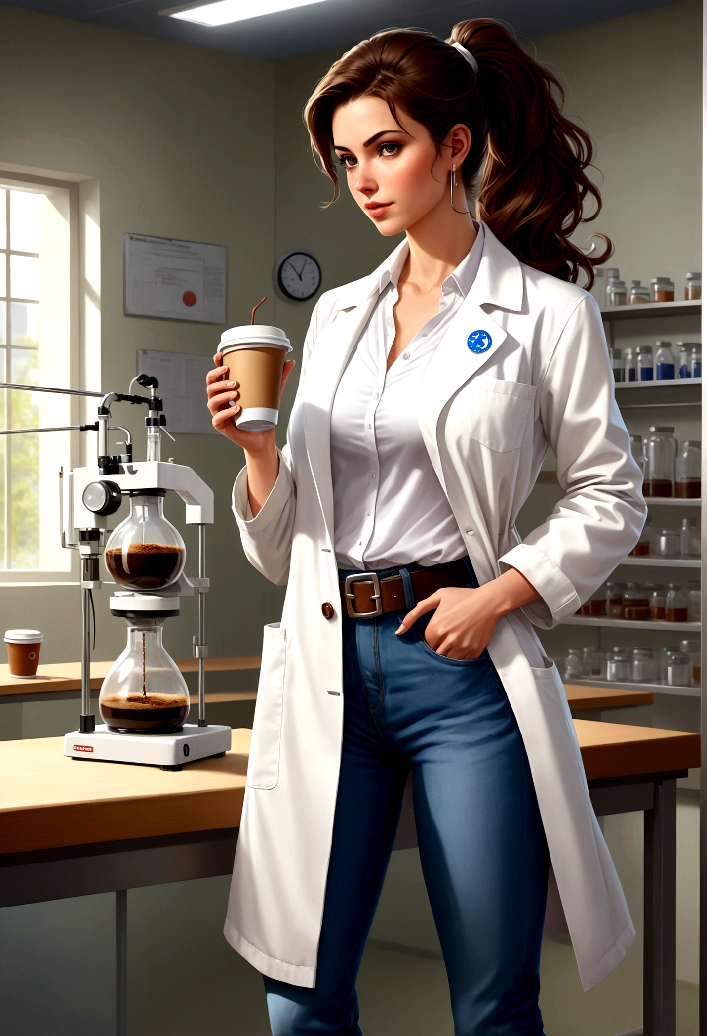 realist, laboratory teacher, with unbuttoned white coat,  pretty, attractive, concentrated, one meter seventy tall, wide hip, big round breasts, with transparent blouse, slim, blue jeans, converse tennis shoes, wavy brown hair tied in a ponytail, with simple black earrings for girls, light makeup, standing in front of an experiment, with a cup of coffee on the side of the experiment, in a school laboratory, Brown belt,