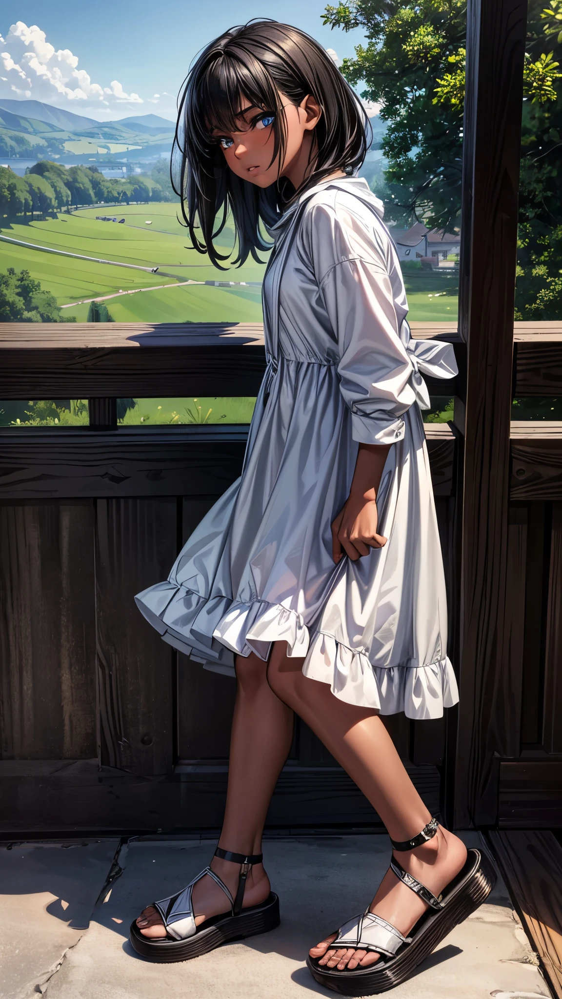 (From above2.0,from side),beautiful detailed eyes, beautiful detailed lips, extremely detailed eyes and face, longeyelashes, 1 girl, face close up, outside the countryside,, sweat, (dark skin color),(very short black hair),displeased, sulky, casual fashion,casual dress,gingham dress,no sleeve,(sandal),best quality, 4k, 8k, highres, masterpiece:1.2, ultra-detailed, realistic, photorealistic, photo-realistic:1.37, HDR, UHD, studio lighting, ultra-fine painting, sharp focus, physically-based rendering, extreme detail description, professional, vivid colors, bokeh, portraits